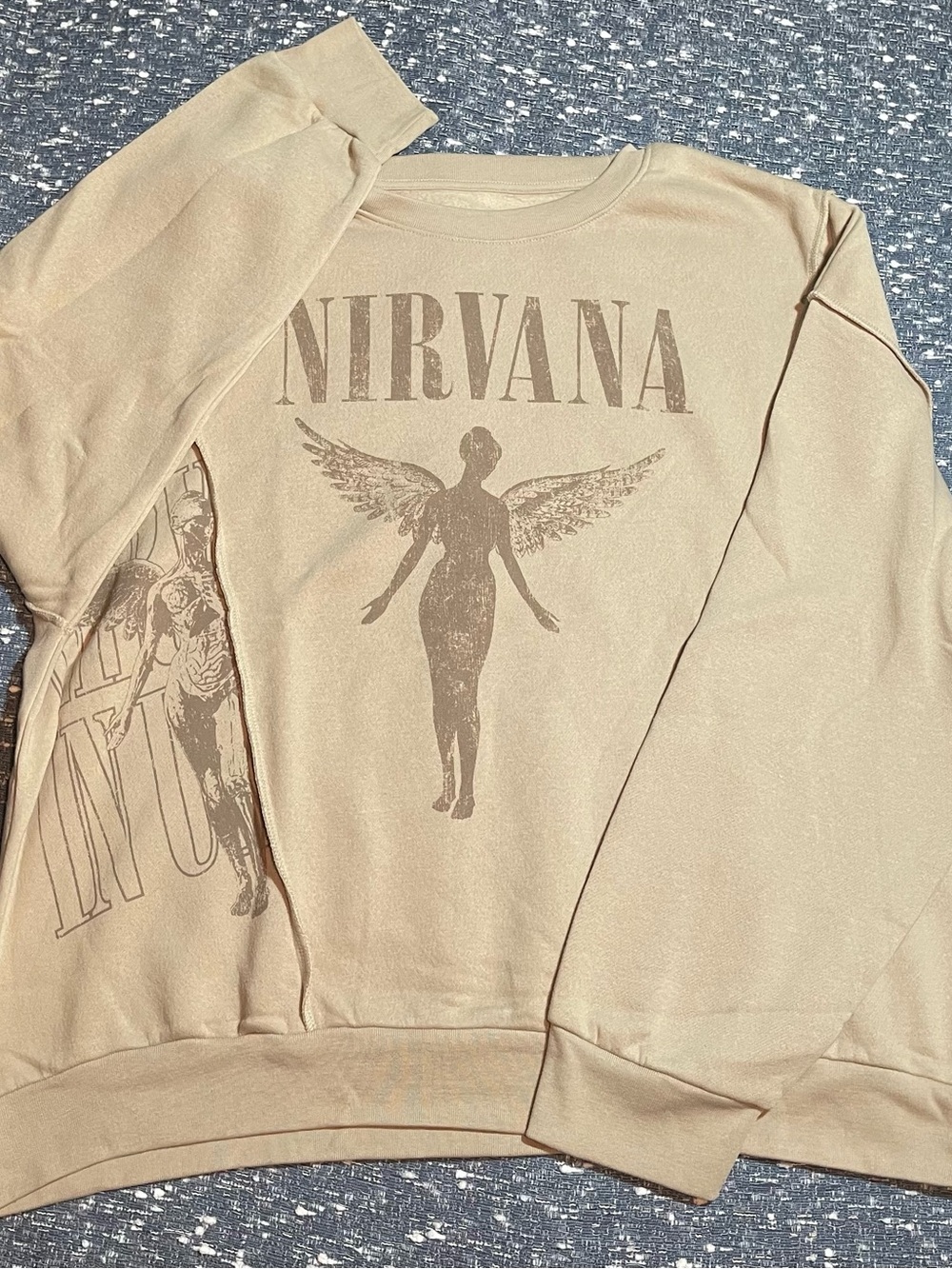 NIRVANA Beige Crewneck Sweatshirt with Winged Angel Graphic